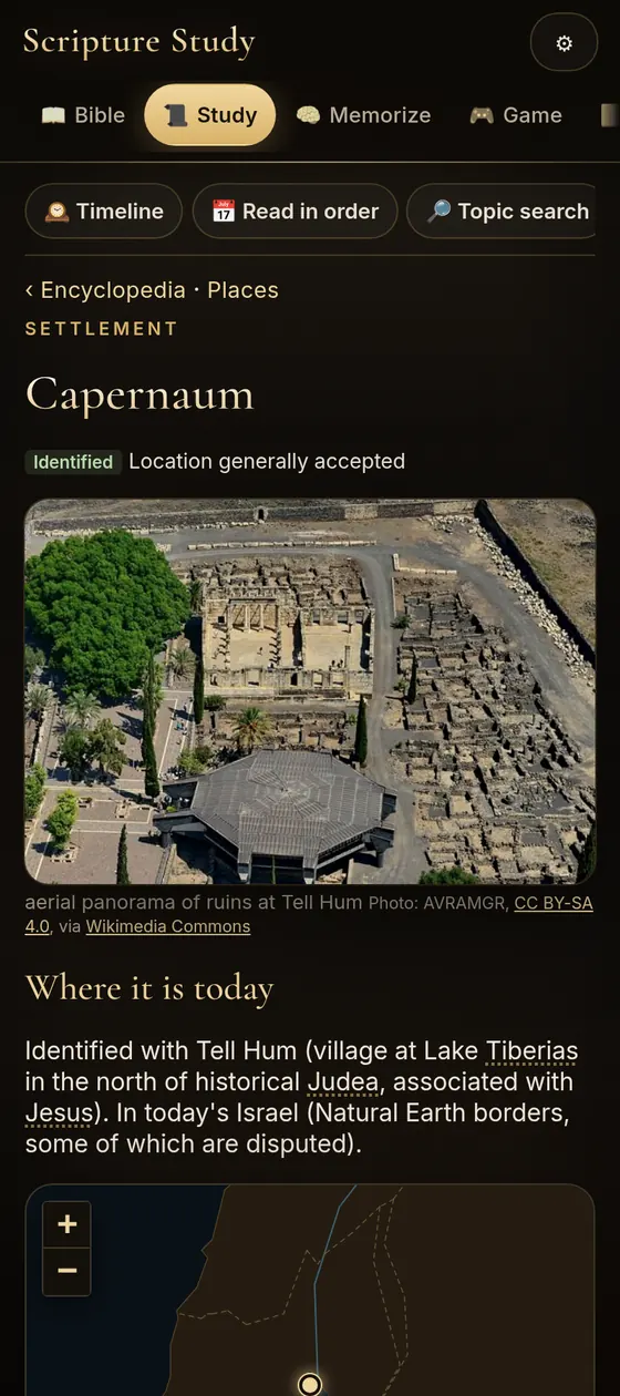 App screenshot: Capernaum entry with photo