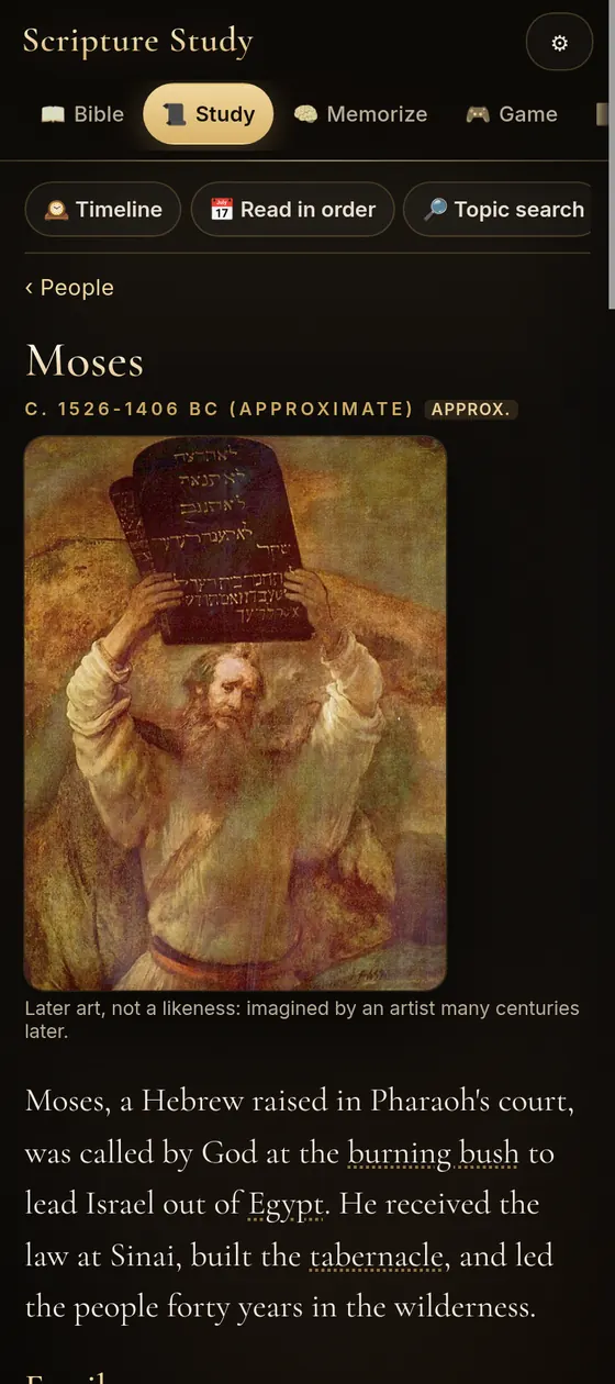 App screenshot: biography of Moses