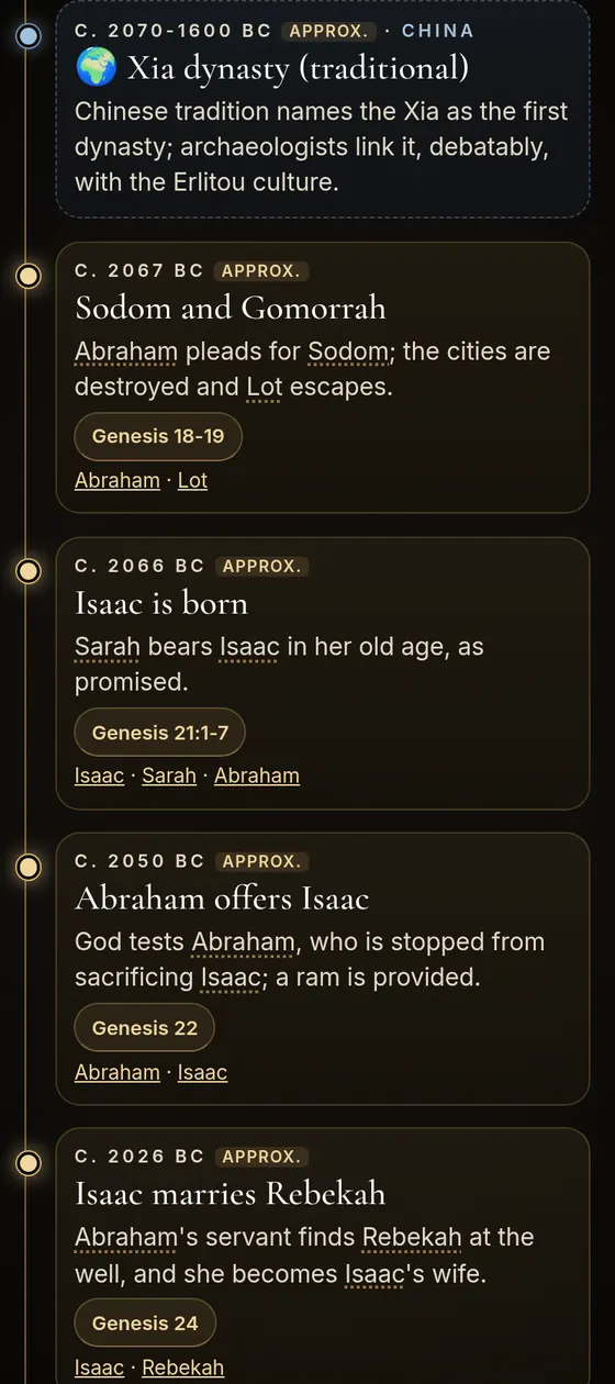 App screenshot: timeline with world history